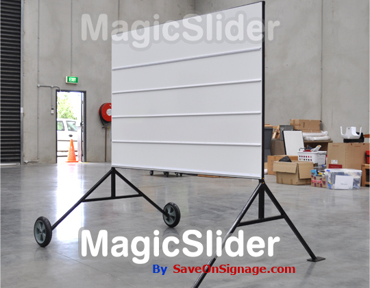 Changeable roadboard sign with sturdy welded legs and spreaders.